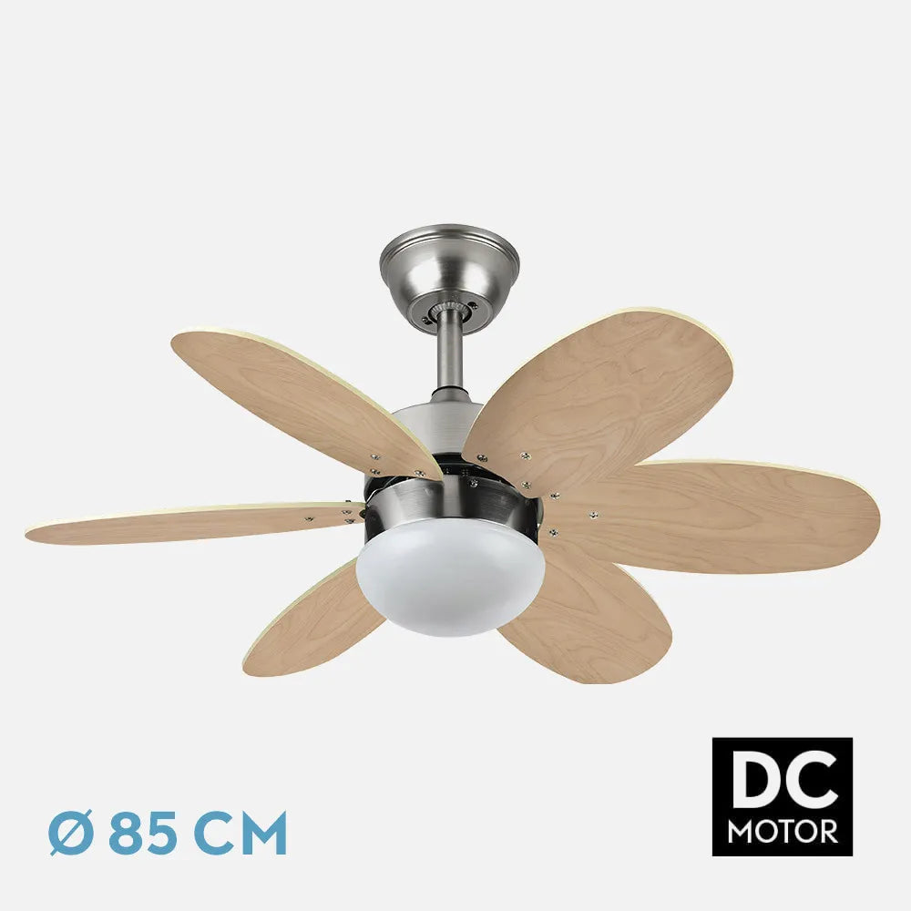 Ventilador de techo DC Alves 85 cm con 2 portalámparas E27 de FABRILAMP en color níquel/plata – níquel/haya – vista de detalle