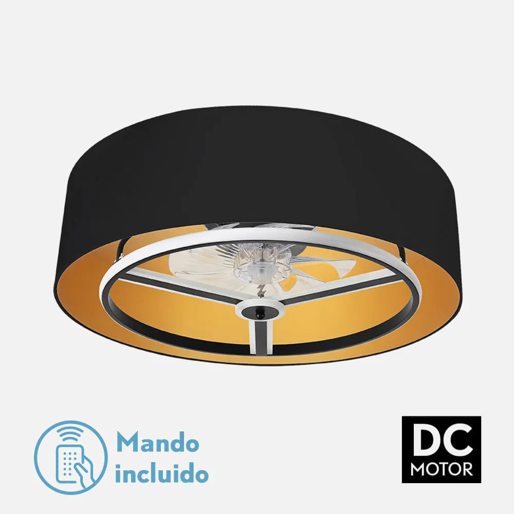 Ventilador de techo tipo plafón DC Anuska 70 cm con luz LED de FABRILAMP en color negro/oro – vista de detalle