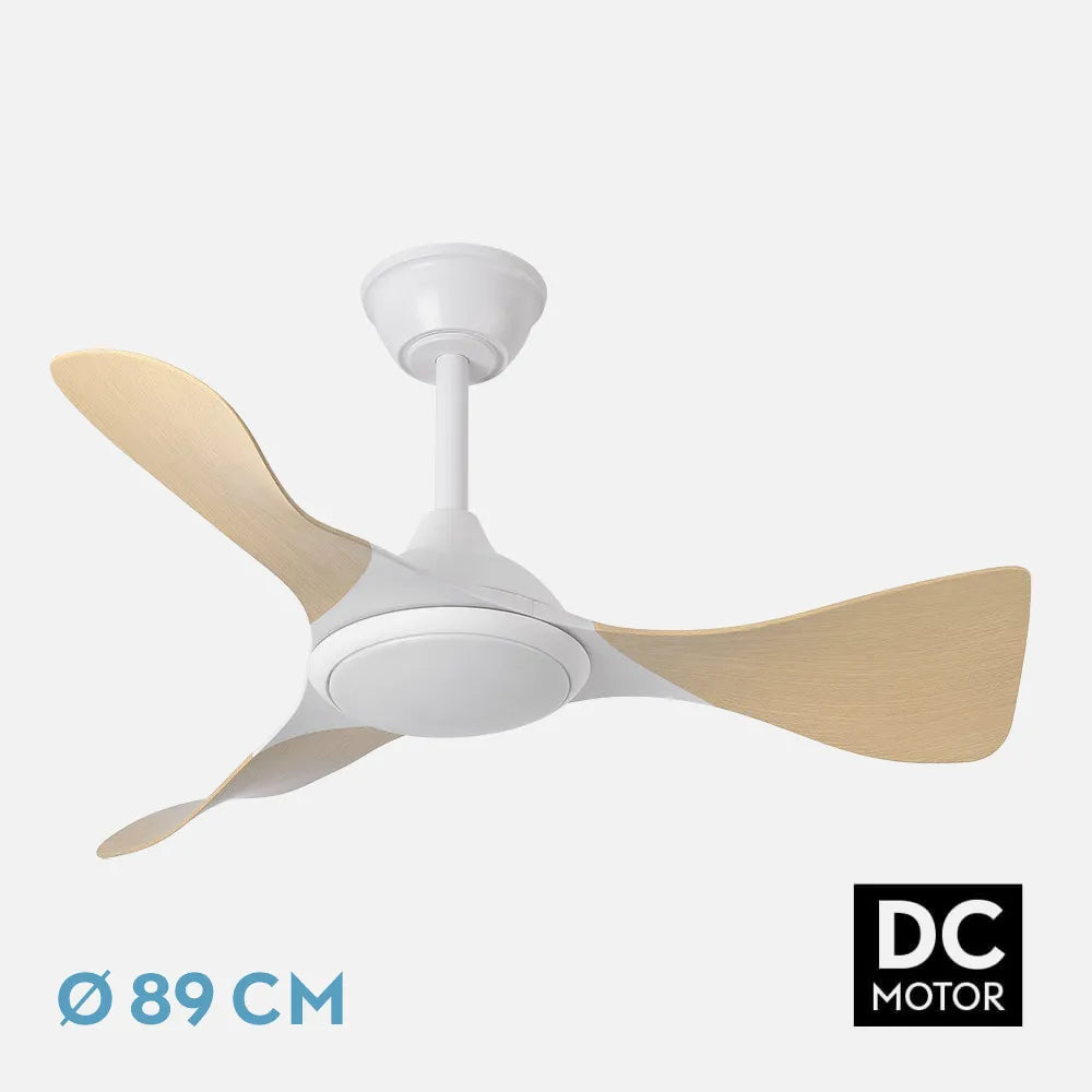 Ventilador de techo DC Caimán 89 cm con luz LED de FABRILAMP en color blanco/haya – vista de detalle