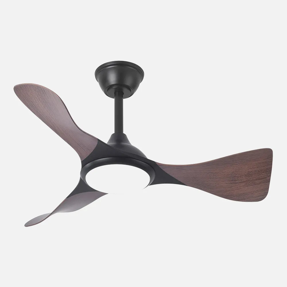 Ventilador de techo DC Caimán 89 cm con luz LED de FABRILAMP en color negro/roble – vista de detalle