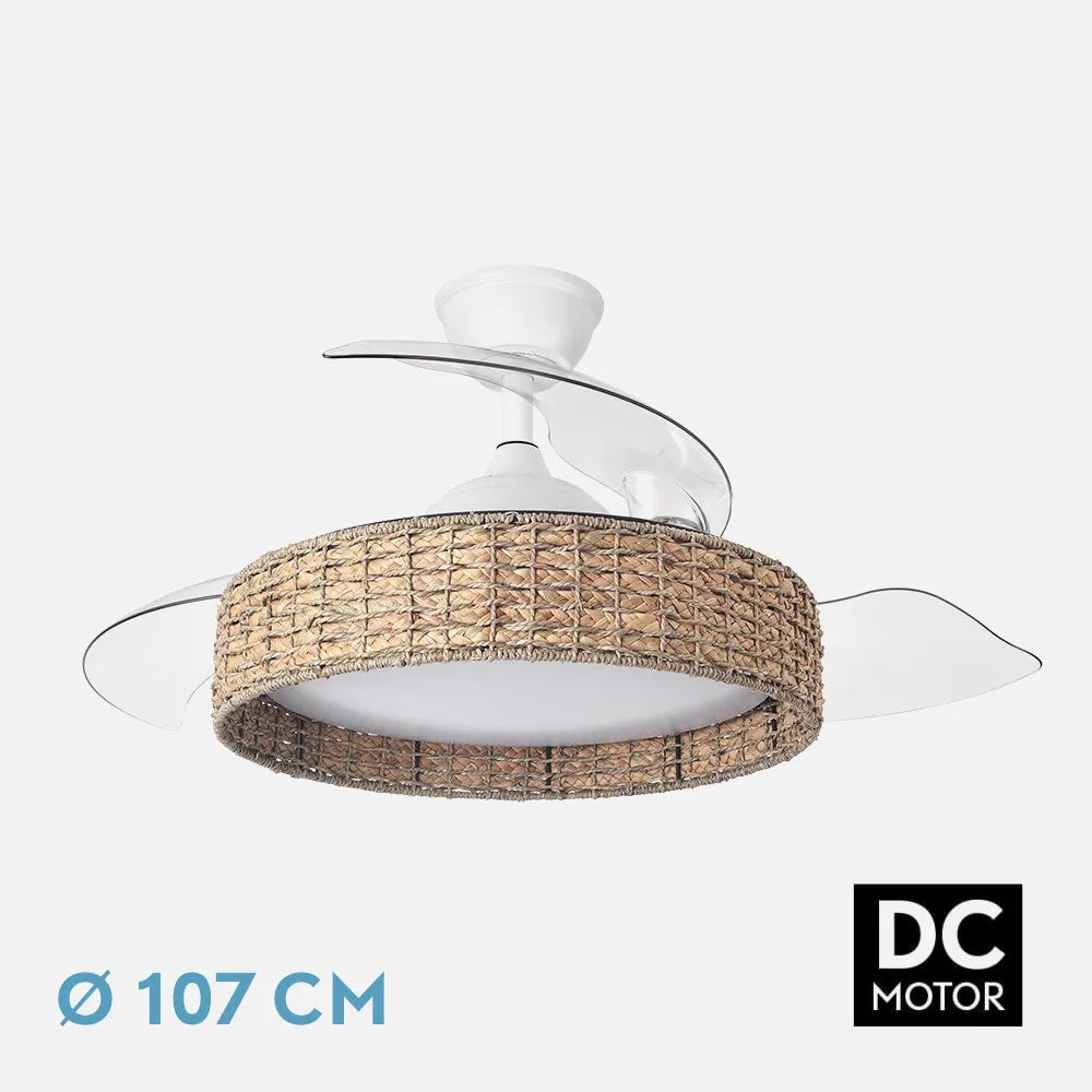 Ventilador de techo DC Canario 107 cm con aspas retráctiles y luz LED de FABRILAMP en color blanco/natural – vista de detalle