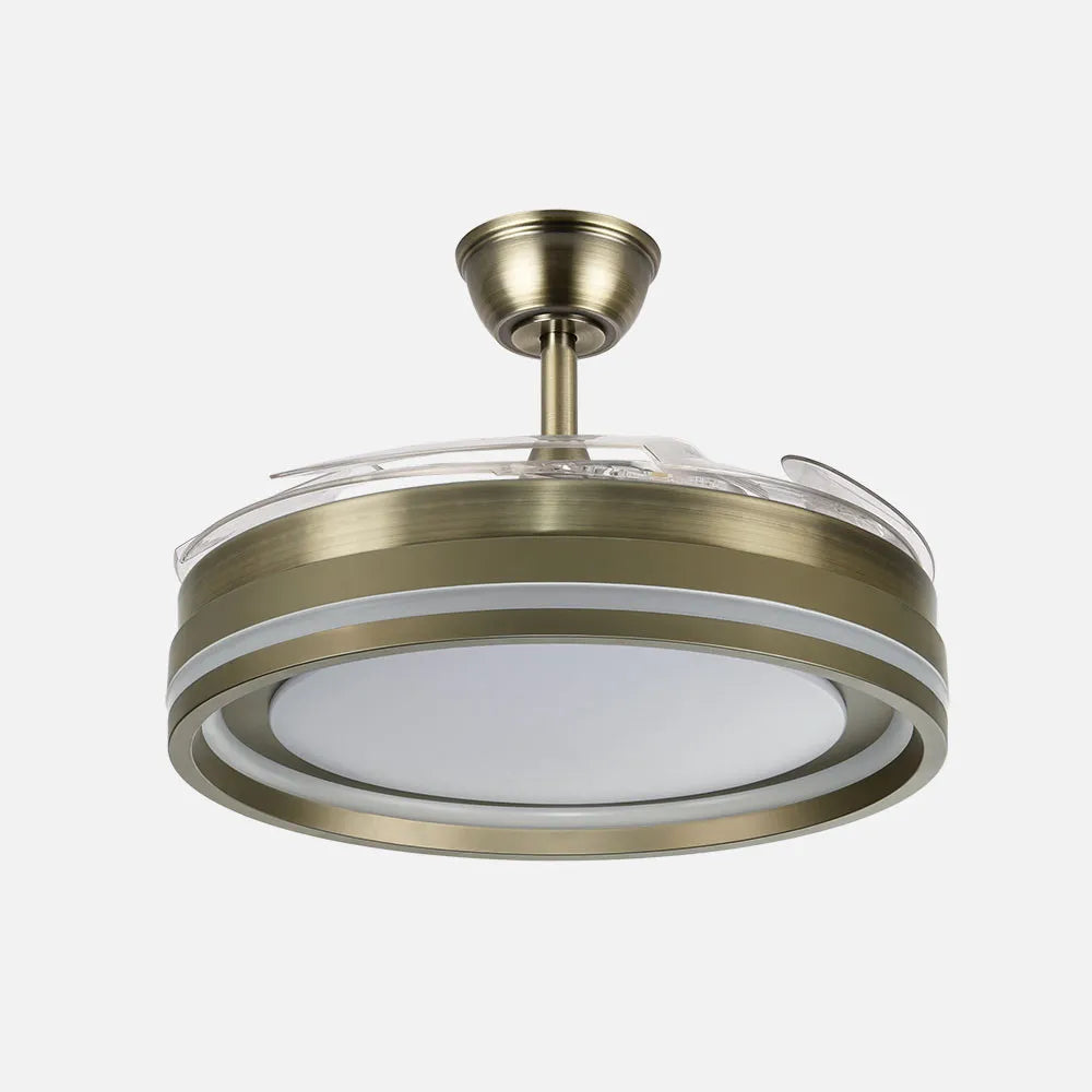 Ventilador de techo DC Cerrato 107 cm con aspas retráctiles y luz LED de FABRILAMP en color cuero – vista de detalle