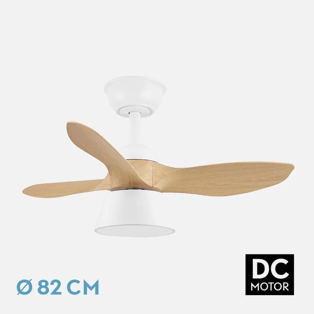 Ventilador de techo DC Cúbico 82 cm con luz LED de FABRILAMP en color blanco/haya – vista de detalle