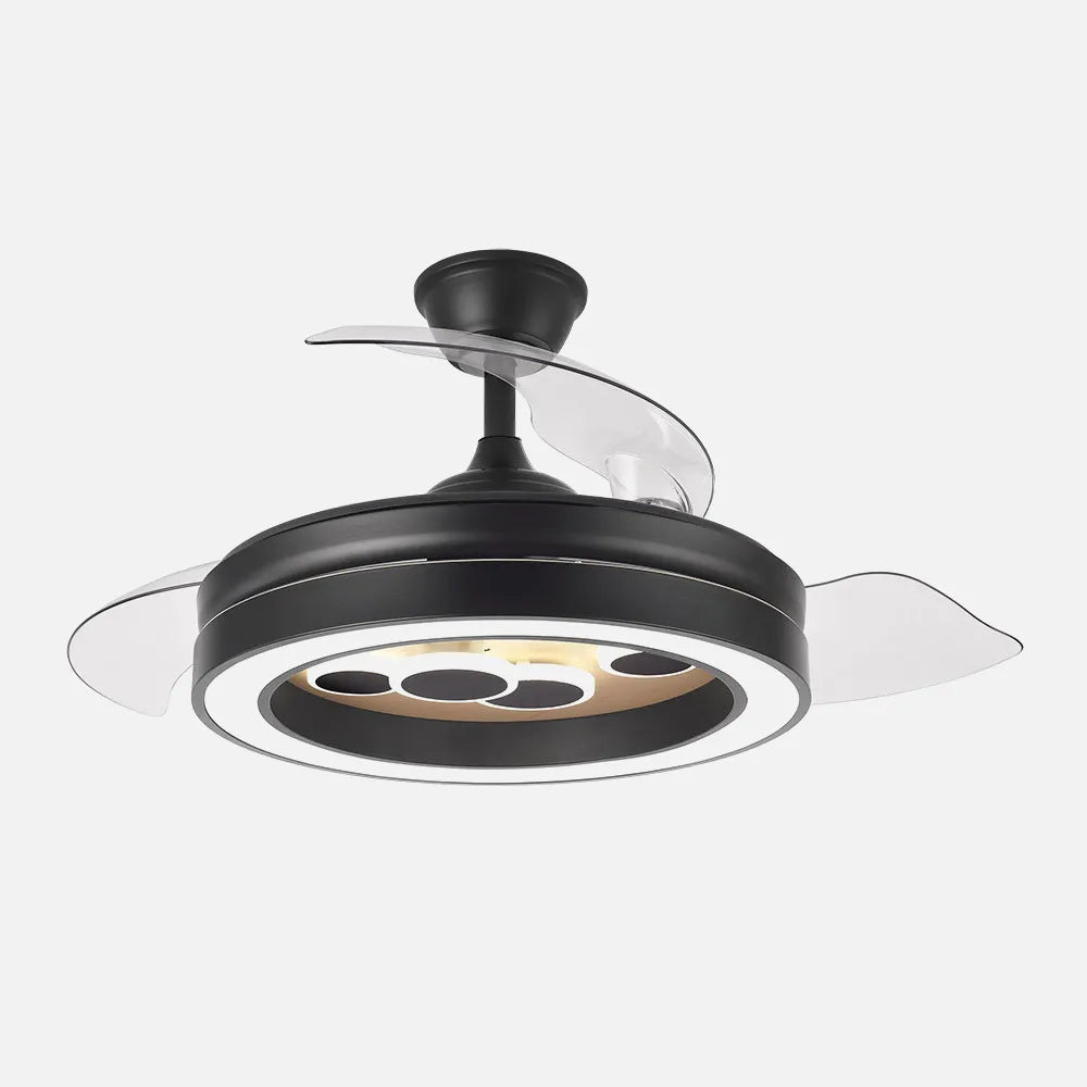 Ventilador de techo DC Cupido 107 cm con aspas retráctiles y luz LED de FABRILAMP en color negro/madera – vista de detalle