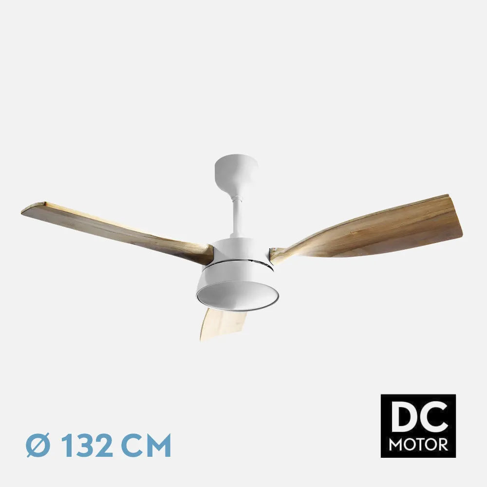Ventilador de techo DC Estío 132 cm con luz LED de FABRILAMP en color blanco/haya – vista de detalle