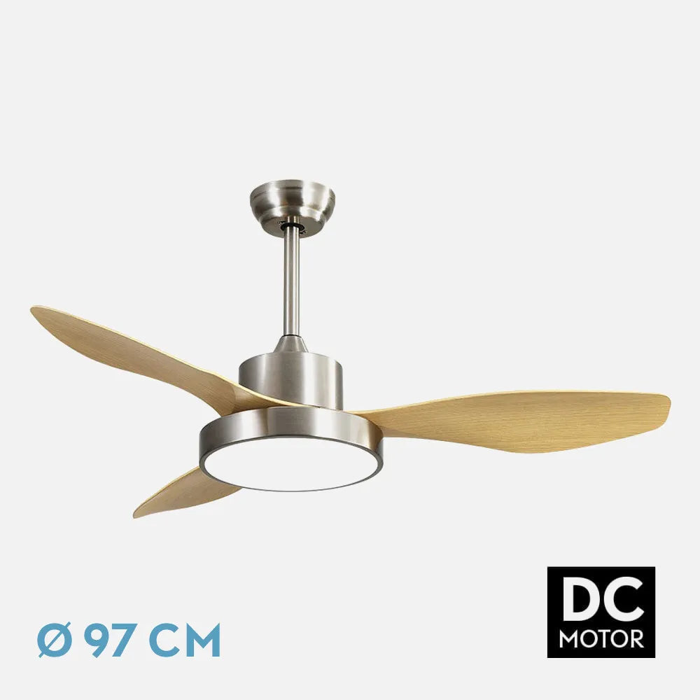 Ventilador de techo DC Hayate 97 cm con luz LED de FABRILAMP en color níquel/haya – vista de detalle