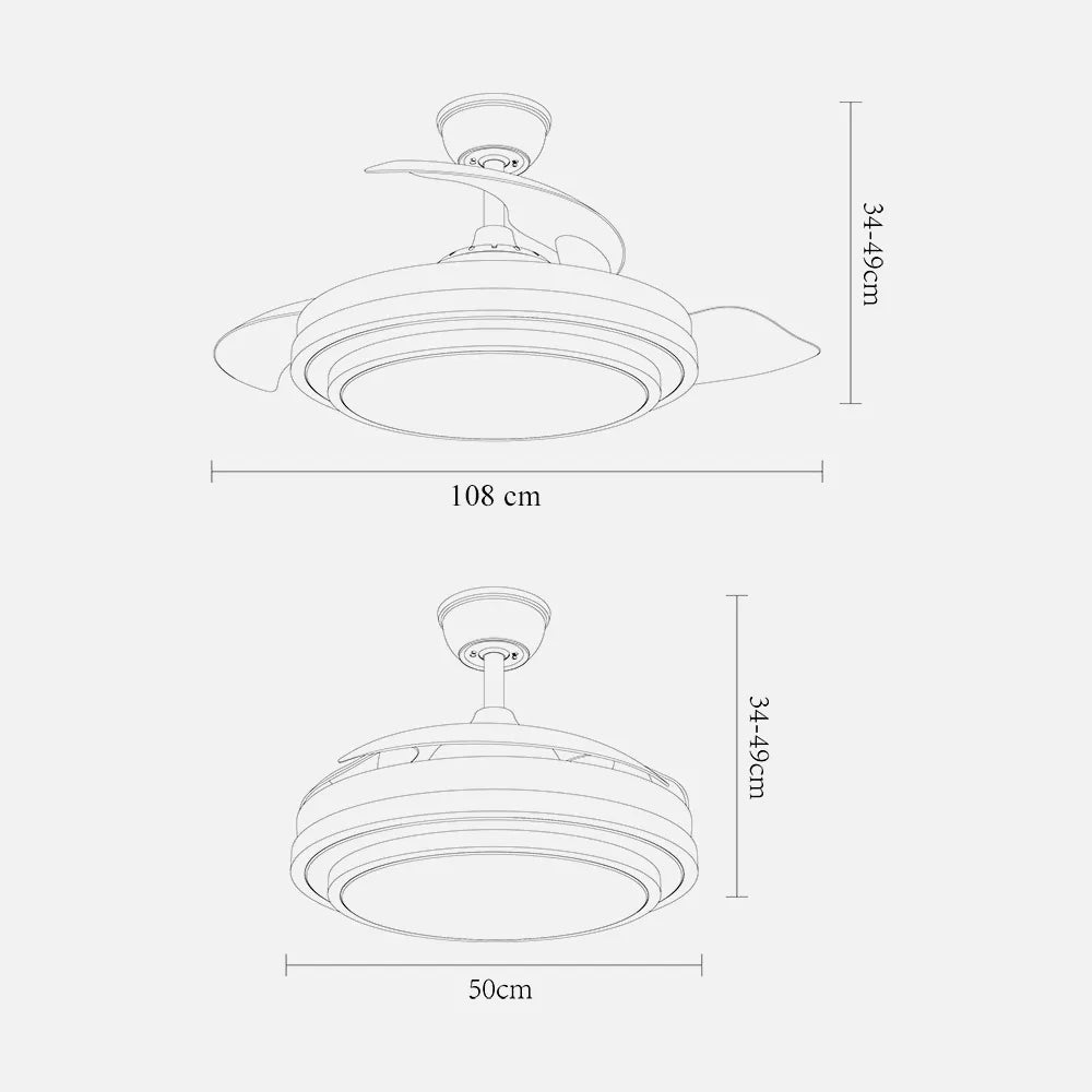 Ventilador de techo DC Ibe 107 cm con aspas retráctiles y luz LED de FABRILAMP en color negro – vista de detalle