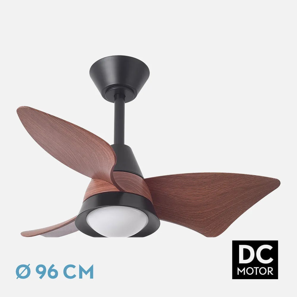 Ventilador de techo DC Jaguar 96 cm con luz LED de FABRILAMP en color negro/roble – vista de detalle