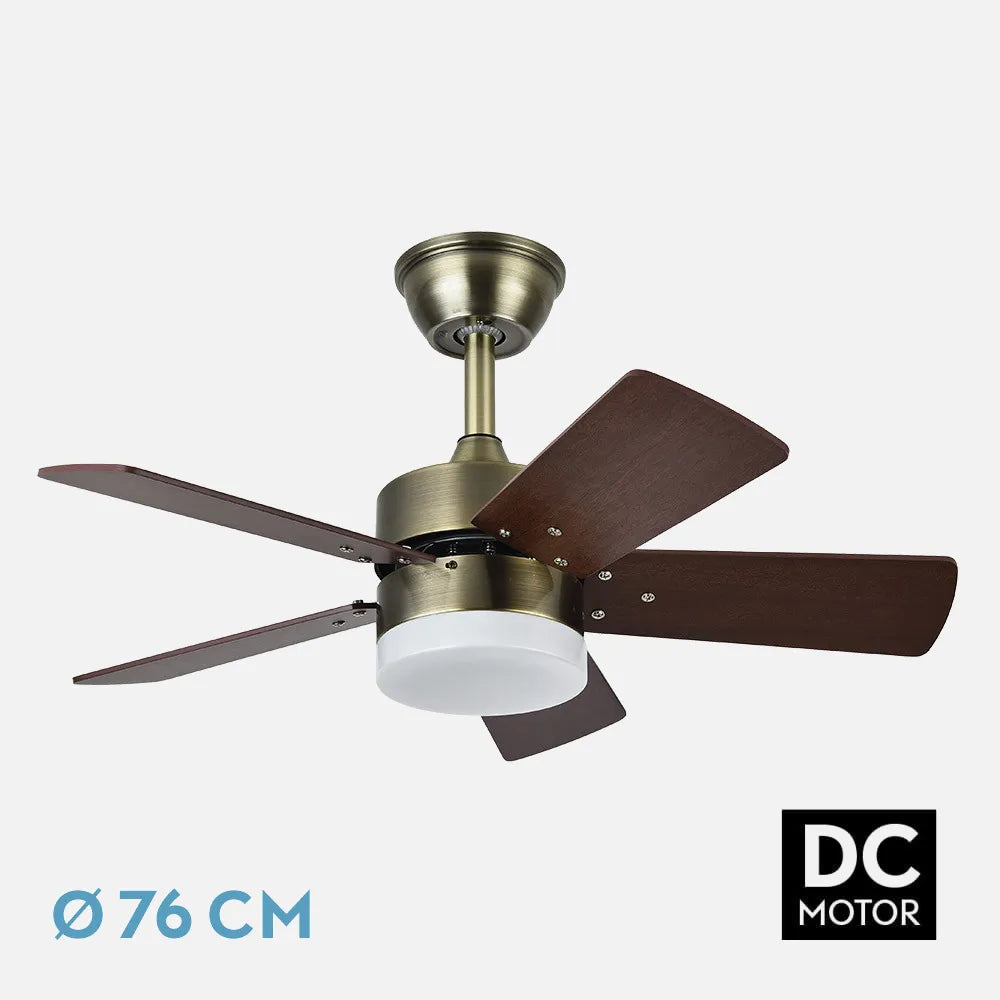 Ventilador de techo DC Marta 76 cm con luz LED de FABRILAMP en color cuero/cerezo – cuero/nogal – vista de detalle