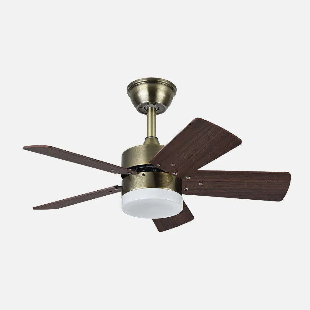 Ventilador de techo DC Marta 76 cm con luz LED de FABRILAMP en color cuero/cerezo – cuero/nogal – vista de detalle