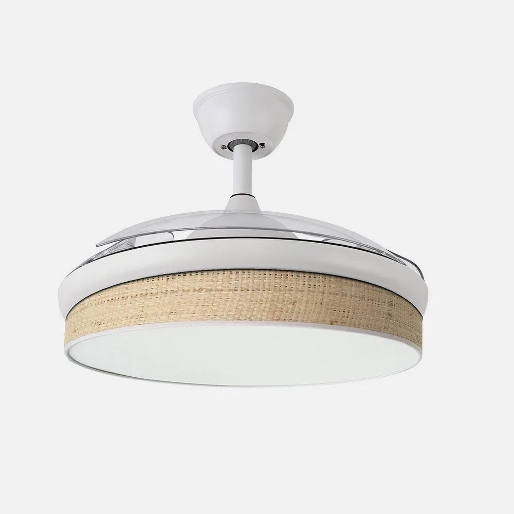Ventilador de techo DC Moda 108 cm con aspas retráctiles y luz LED de FABRILAMP en color blanco/cañizo claro
