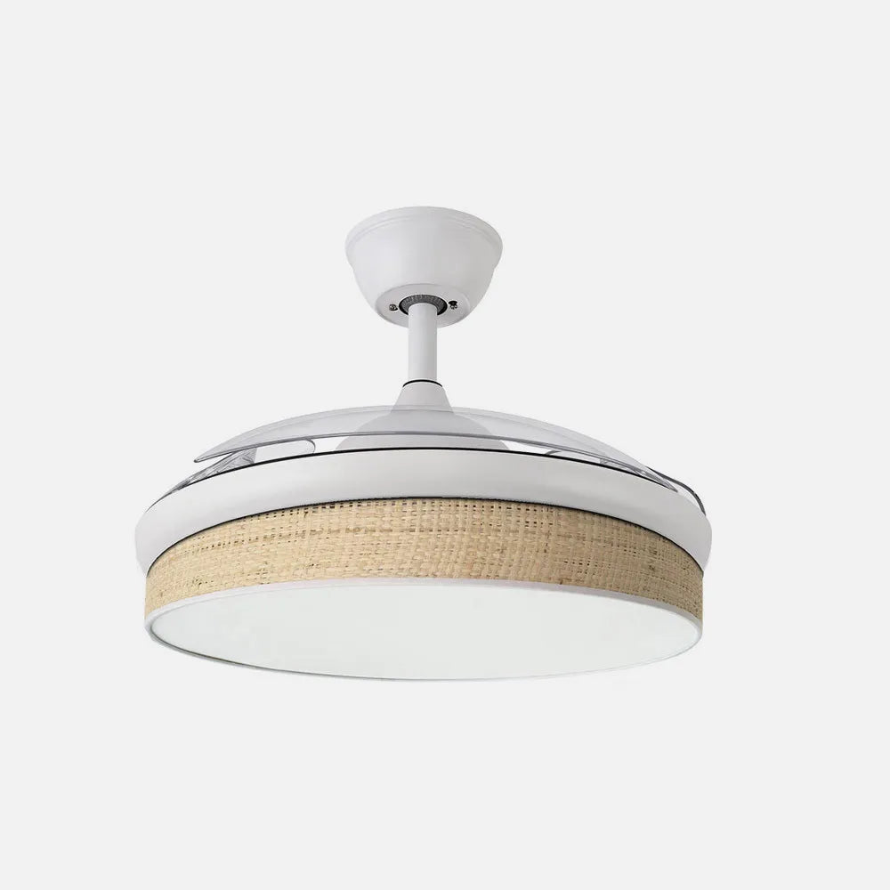 Ventilador de techo DC Moda 91 cm con aspas retráctiles y luz LED de FABRILAMP en color blanco/cañizo claro