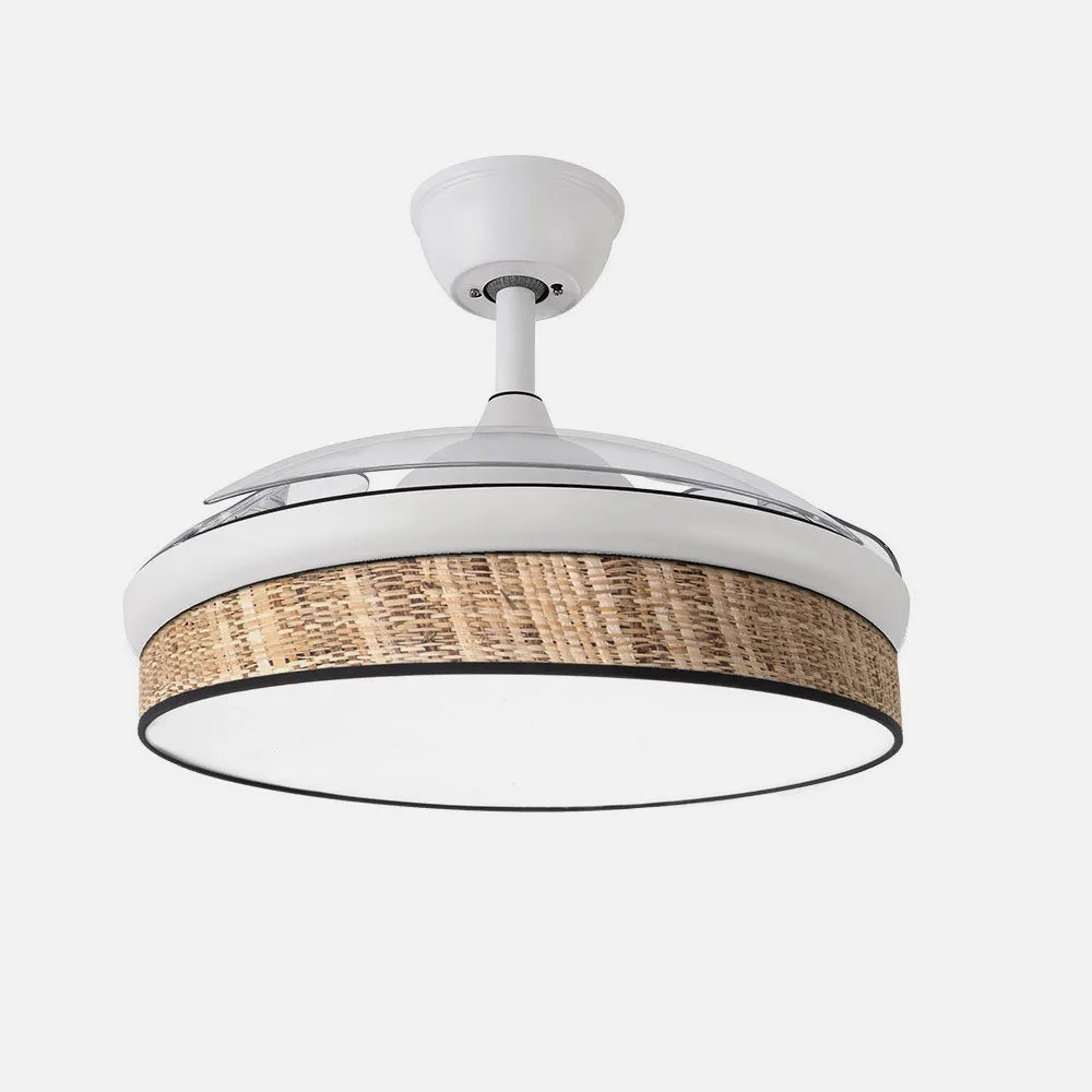 Ventilador de techo DC Moda 108 cm con aspas retráctiles y luz LED de FABRILAMP en color blanco/cañizo oscuro