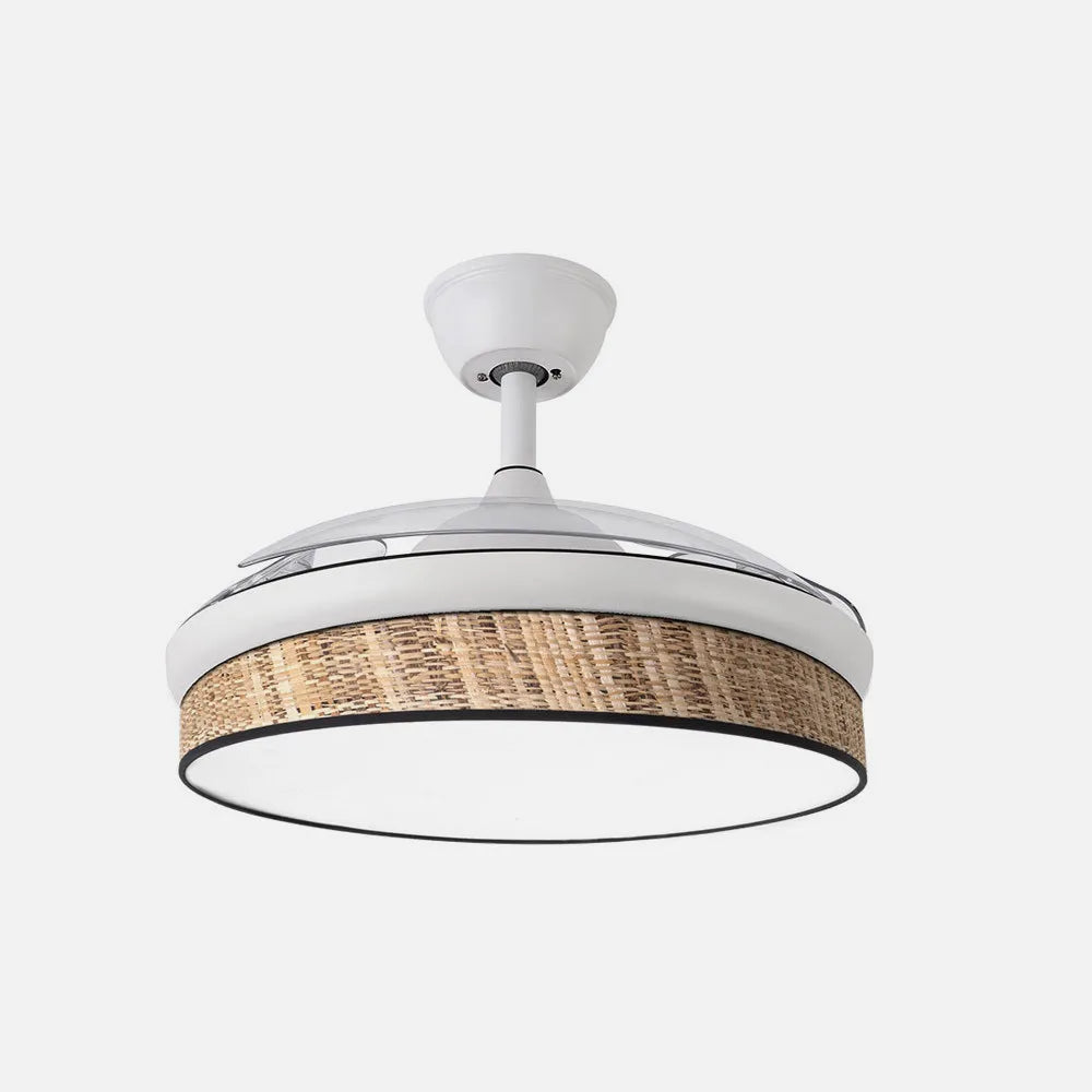 Ventilador de techo DC Moda 91 cm con aspas retráctiles y luz LED de FABRILAMP en color blanco/cañizo oscuro
