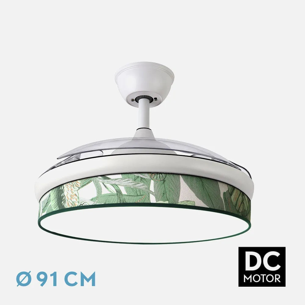 Ventilador de techo DC Moda 91 cm con aspas retráctiles y luz LED de FABRILAMP en color blanco/verde – vista de detalle