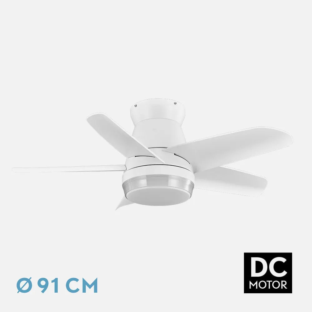 Ventilador de techo DC Neutron 91 cm con luz LED de FABRILAMP en color blanco – vista de detalle