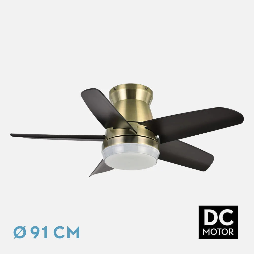 Ventilador de techo DC Neutron 91 cm con luz LED de FABRILAMP en color cuero/negro – vista de detalle