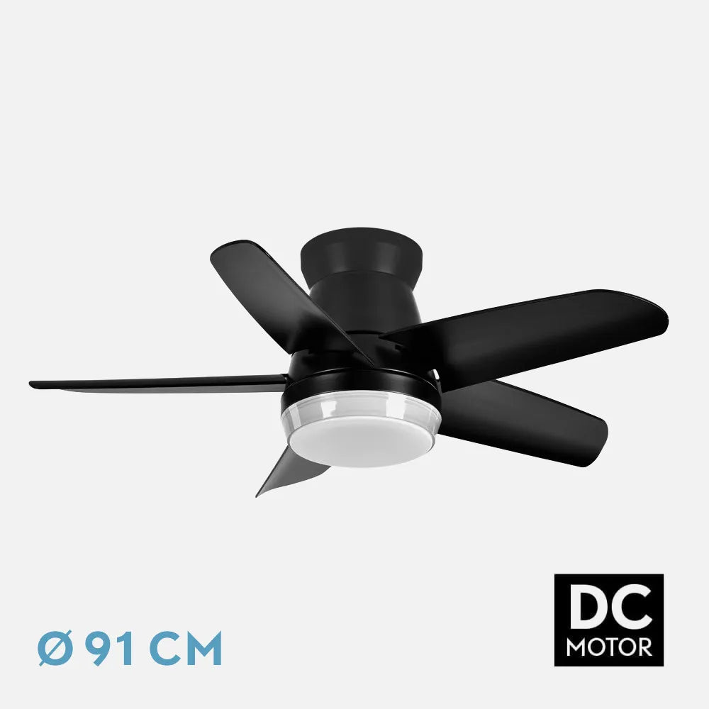 Ventilador de techo DC Neutron 91 cm con luz LED de FABRILAMP en color negro – vista de detalle