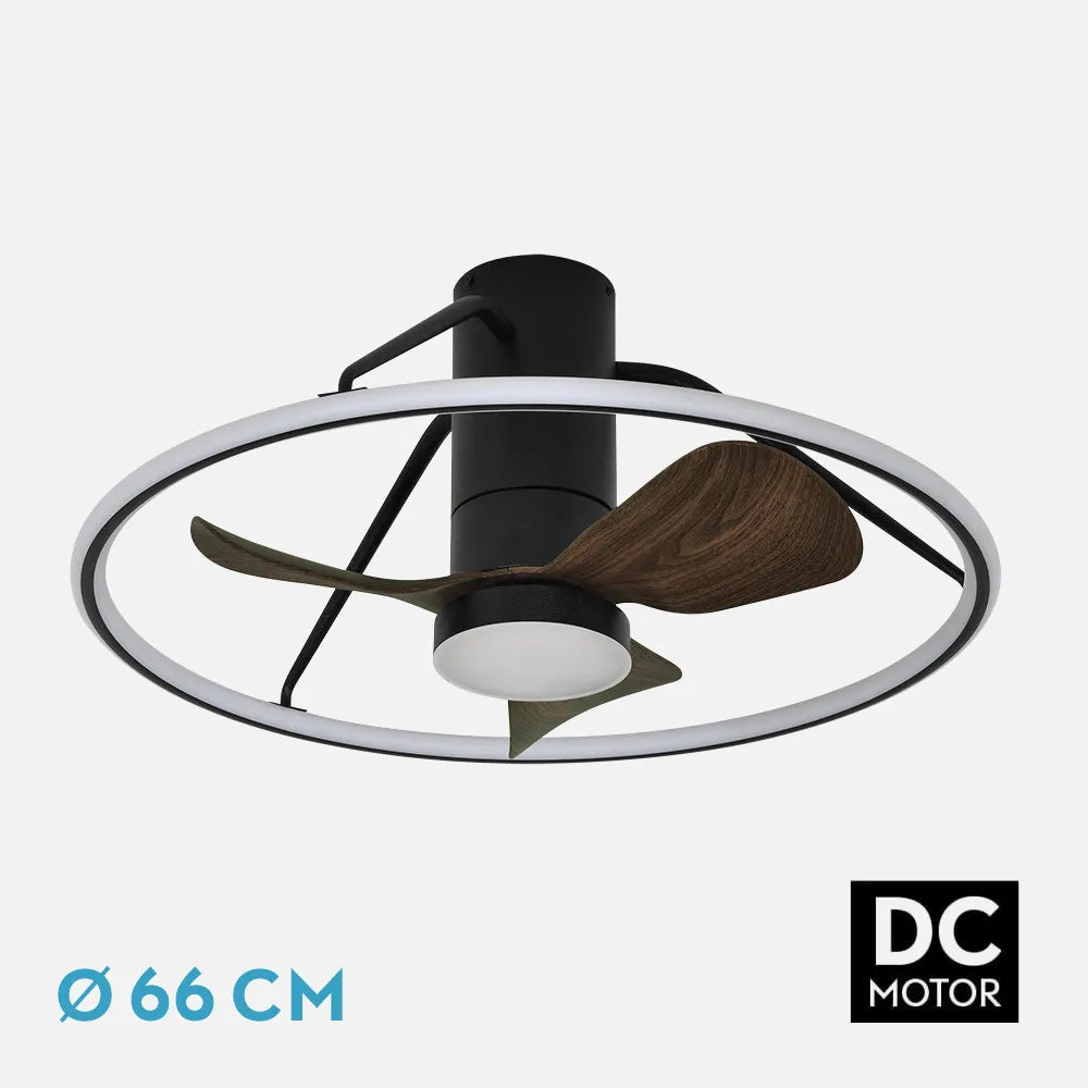 Ventilador de techo DC Oporto 66 cm con luz LED de FABRILAMP en color negro/marrón – vista de detalle