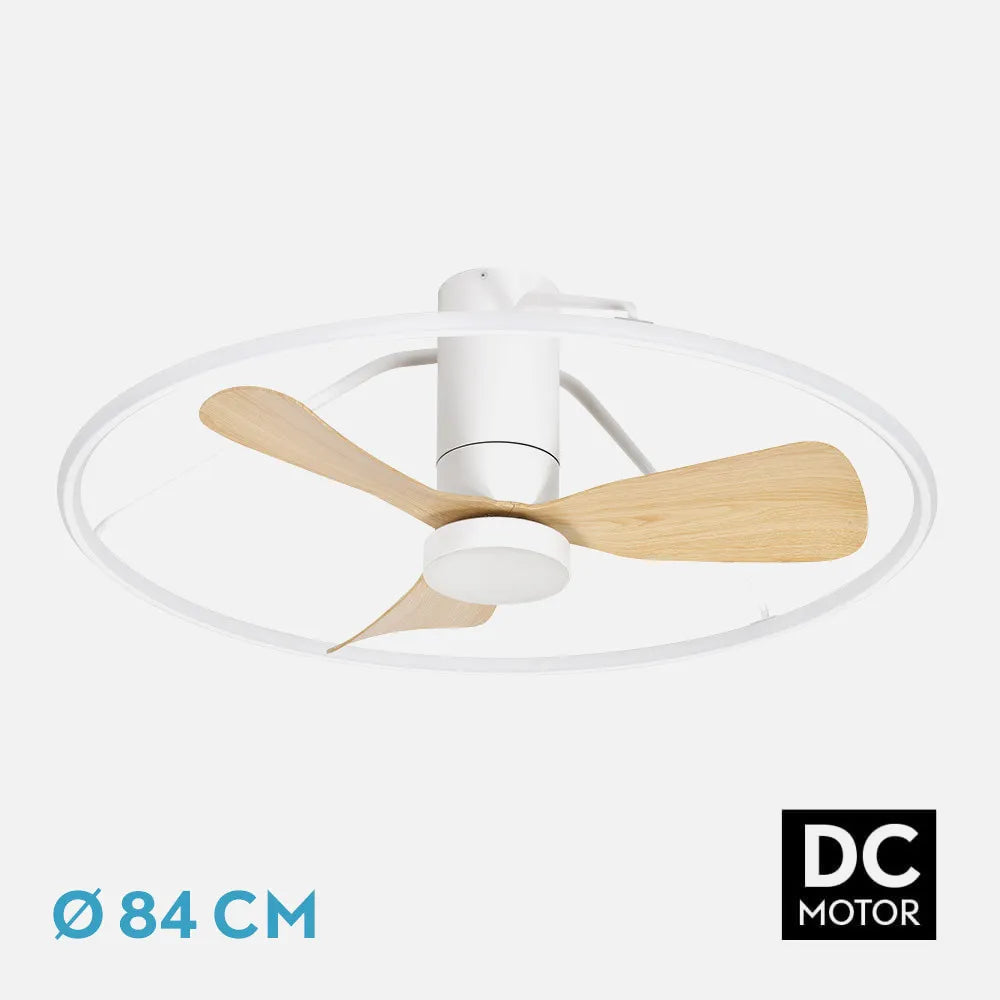 Ventilador de techo DC Oporto 84 cm con luz LED de FABRILAMP en color blanco/haya – vista de detalle
