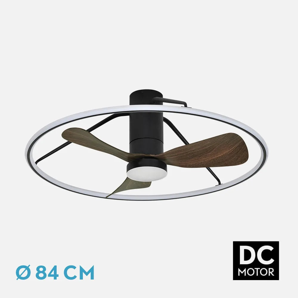 Ventilador de techo DC Oporto 84 cm con luz LED de FABRILAMP en color negro/marrón – vista de detalle