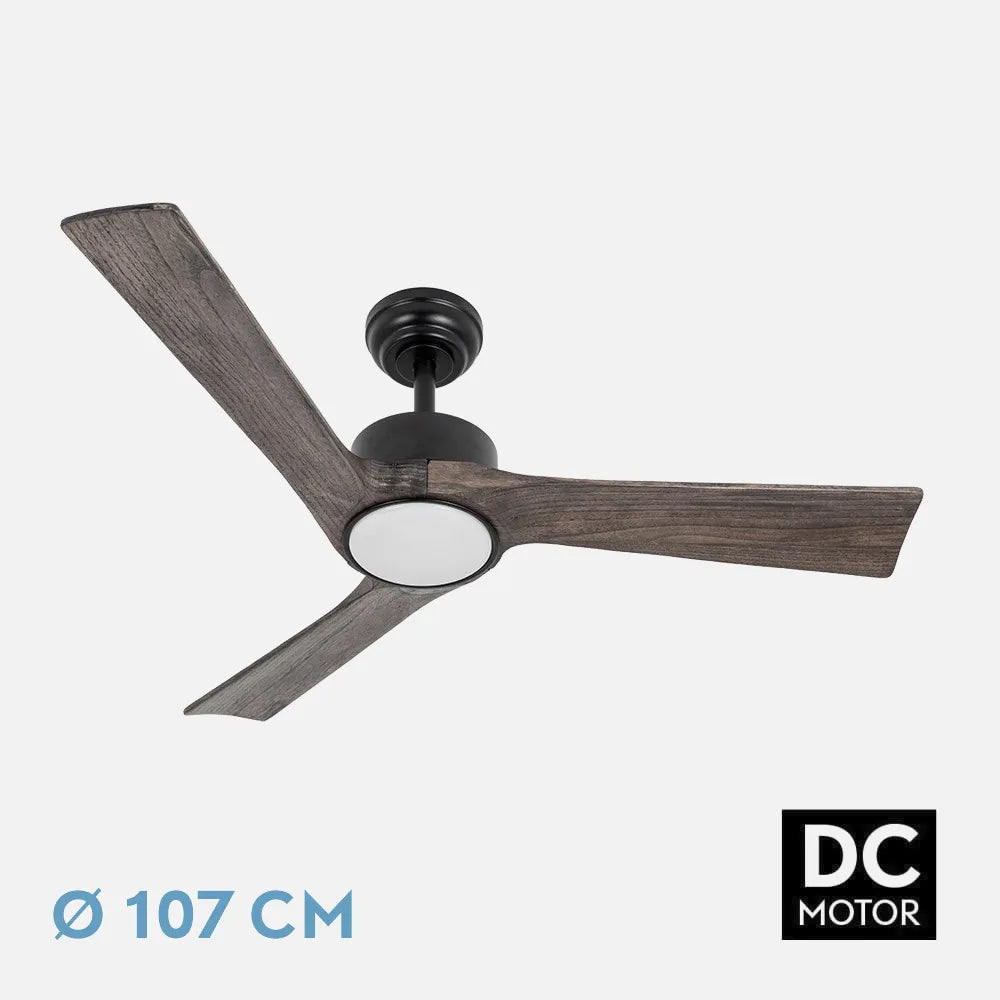 Ventilador de techo DC Orinoco 107 cm con luz LED de FABRILAMP en color negro/roble – vista de detalle