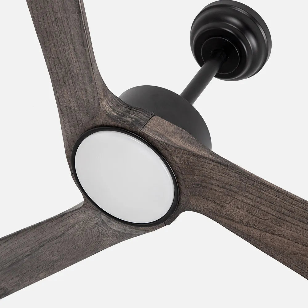 Ventilador de techo DC Orinoco 107 cm con luz LED de FABRILAMP en color negro/roble – vista de detalle