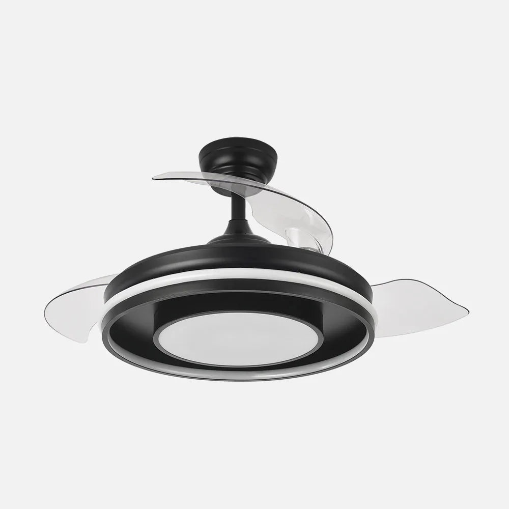 Ventilador de techo DC Pitufo 107 cm con aspas retráctiles y luz LED de FABRILAMP en color negro/madera