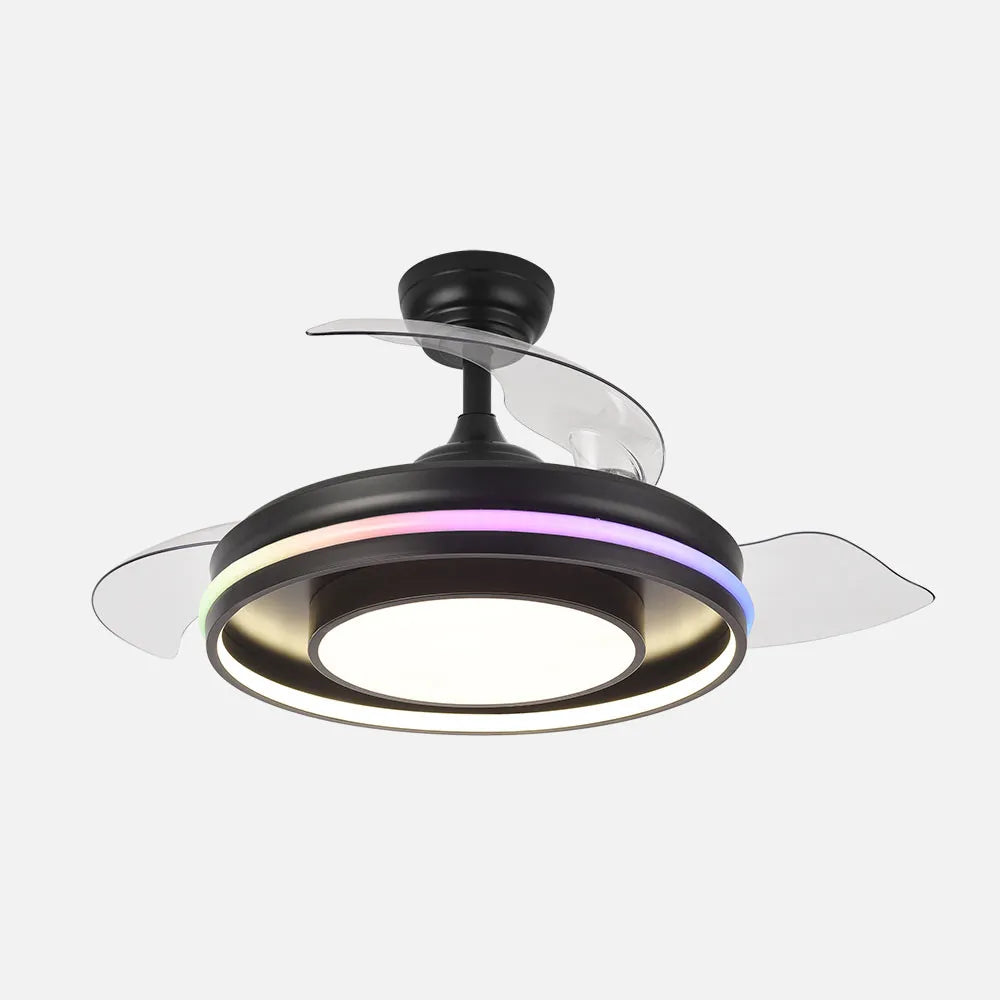 Ventilador de techo DC Pitufo 107 cm con aspas retráctiles y luz LED de FABRILAMP en color negro/madera – vista de detalle