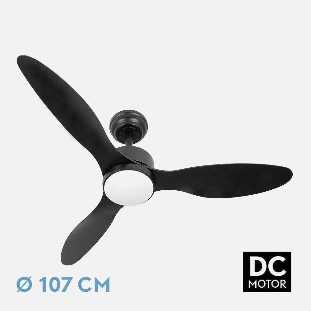 Ventilador de techo DC Serpa 107 cm con luz LED de FABRILAMP en color negro – vista de detalle