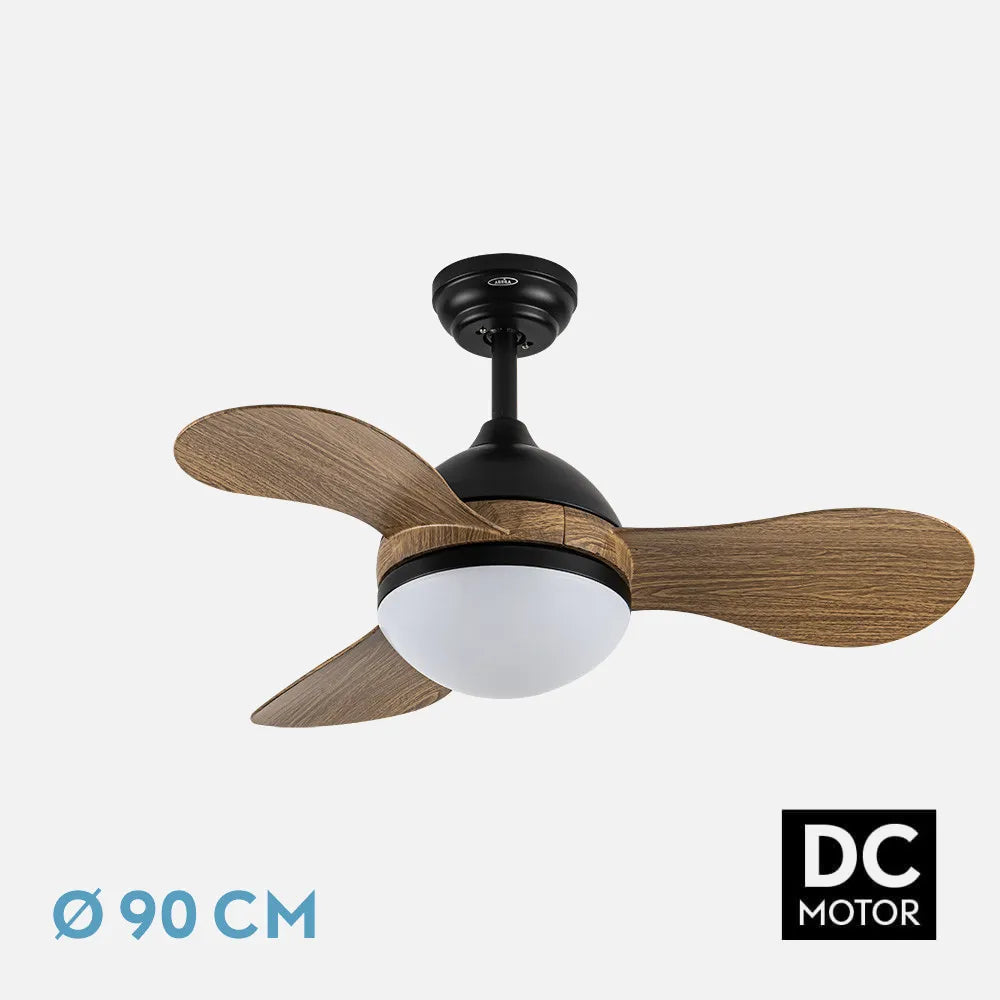 Ventilador de techo DC Sólido 91 cm con luz LED de FABRILAMP en color negro/madera – vista de detalle