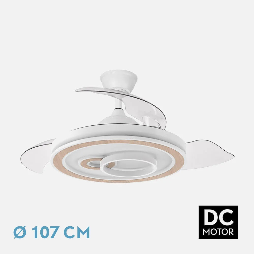 Ventilador de techo DC Sultán 107 cm con aspas retráctiles y luz LED de FABRILAMP en color blanco/haya – vista de detalle