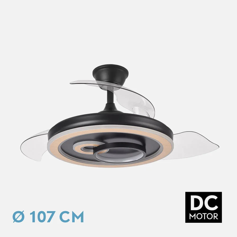 Ventilador de techo DC Sultán 107 cm con aspas retráctiles y luz LED de FABRILAMP en color negro/madera – vista de detalle