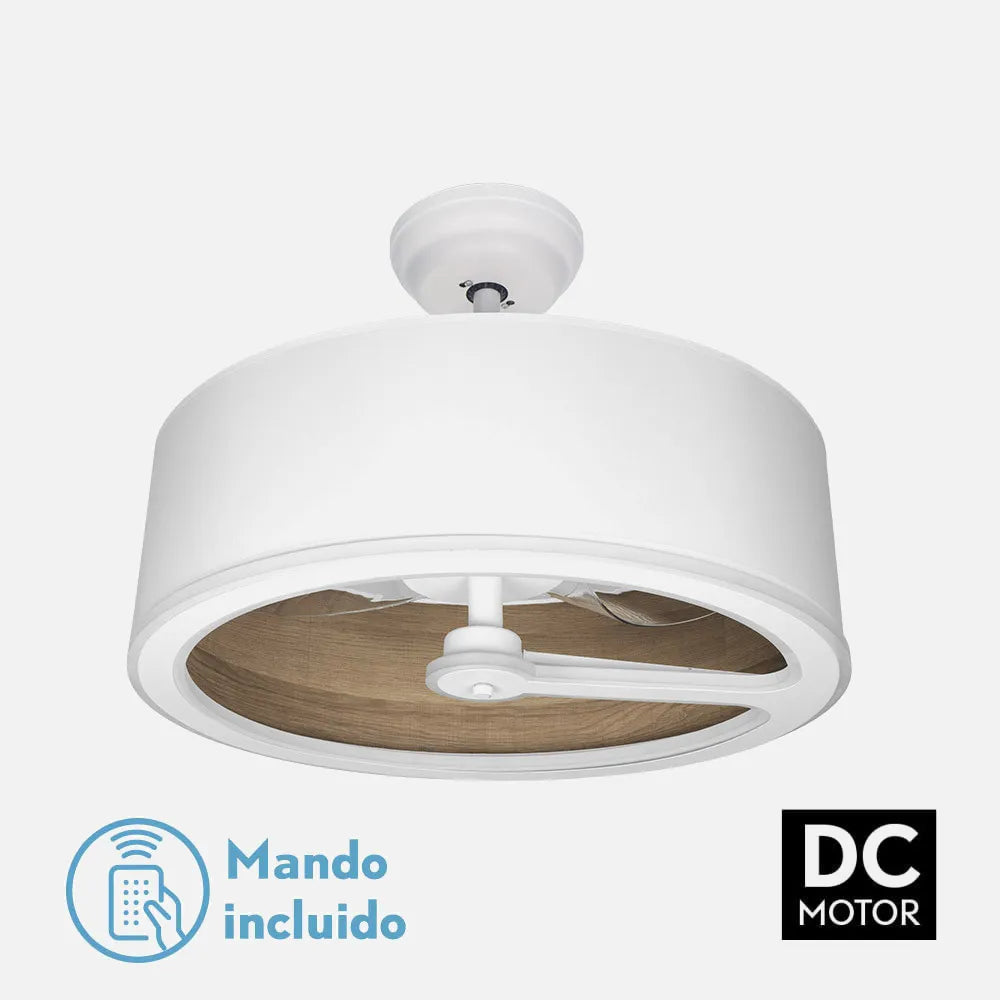 Ventilador de techo tipo plafón DC Tatiana 62 cm con luz LED de FABRILAMP en color blanco/madera oscura – vista de detalle