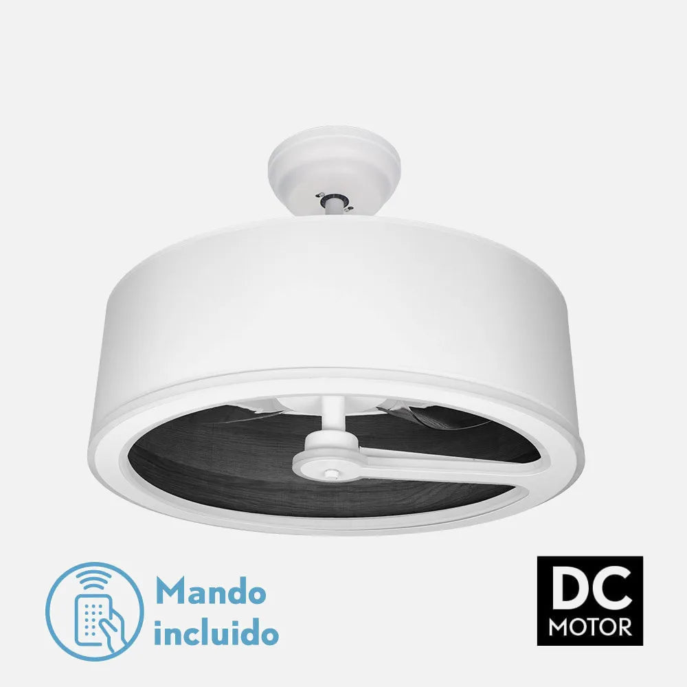 Ventilador de techo tipo plafón DC Tatiana 62 cm con luz LED de FABRILAMP en color blanco/madera negra – vista de detalle