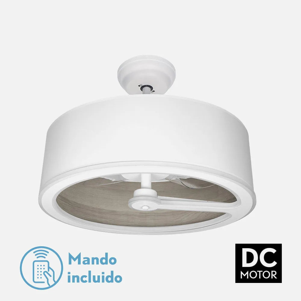 Ventilador de techo tipo plafón DC Tatiana 62 cm con luz LED de FABRILAMP en color blanco/madera gris – vista de detalle