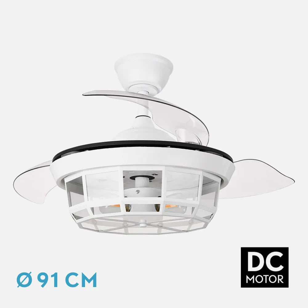 Ventilador de techo DC Tornado 91 cm con aspas retráctiles y 3 portalámparas E27 de FABRILAMP en color blanco – vista de detalle