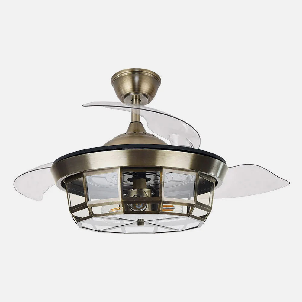 Ventilador de techo DC Tornado 91 cm con aspas retráctiles y 3 portalámparas E27 de FABRILAMP en color cuero