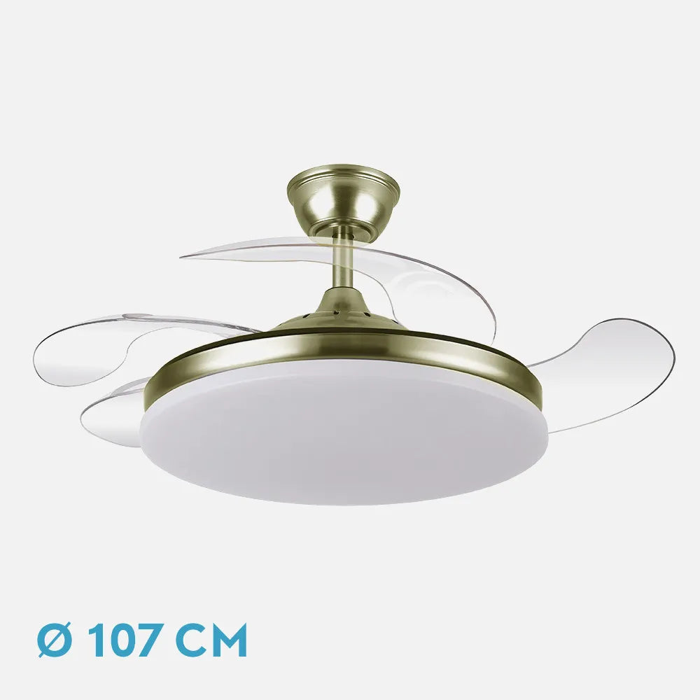 Ventilador de techo DC Tridente 107 cm con aspas retráctiles y luz LED de FABRILAMP en color cuero – vista de detalle