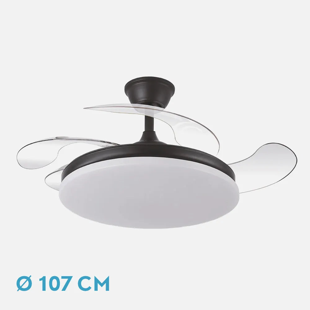Ventilador de techo DC Tridente 107 cm con aspas retráctiles y luz LED de FABRILAMP en color negro – vista de detalle