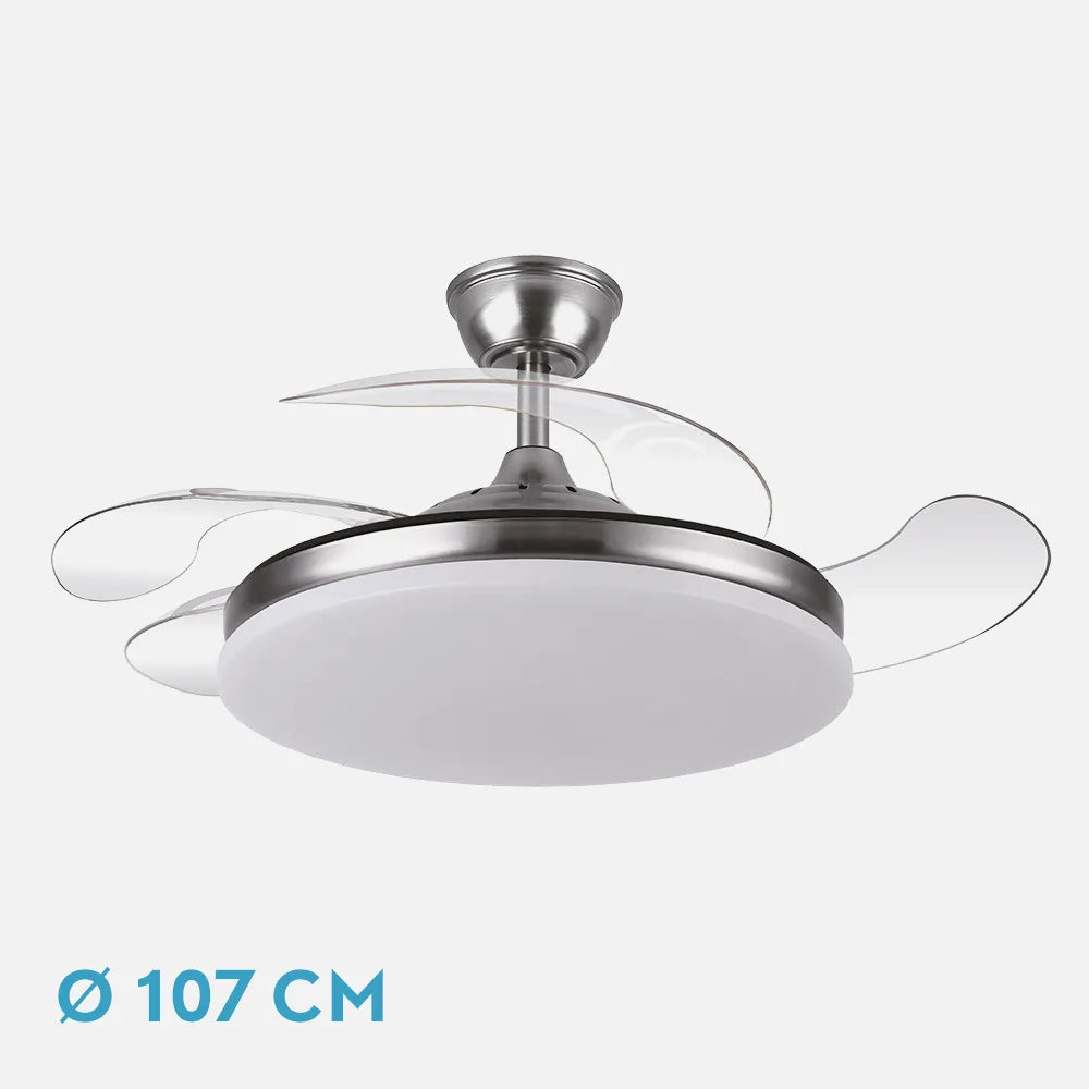 Ventilador de techo DC Tridente 107 cm con aspas retráctiles y luz LED de FABRILAMP en color níquel – vista de detalle