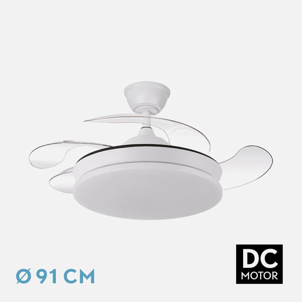 Ventilador de techo DC Tridente 91 cm con aspas retráctiles y luz LED de FABRILAMP en color blanco – vista de detalle