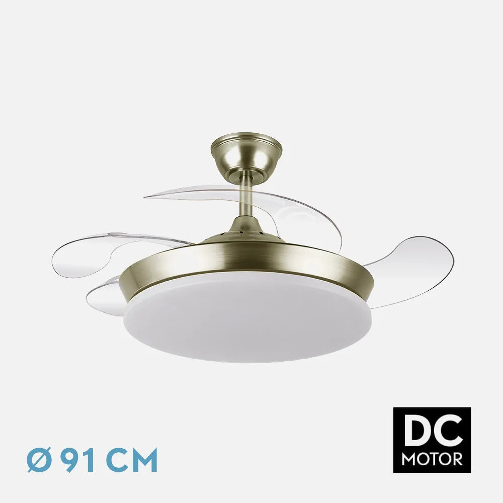 Ventilador de techo DC Tridente 91 cm con aspas retráctiles y luz LED de FABRILAMP en color cuero – vista de detalle
