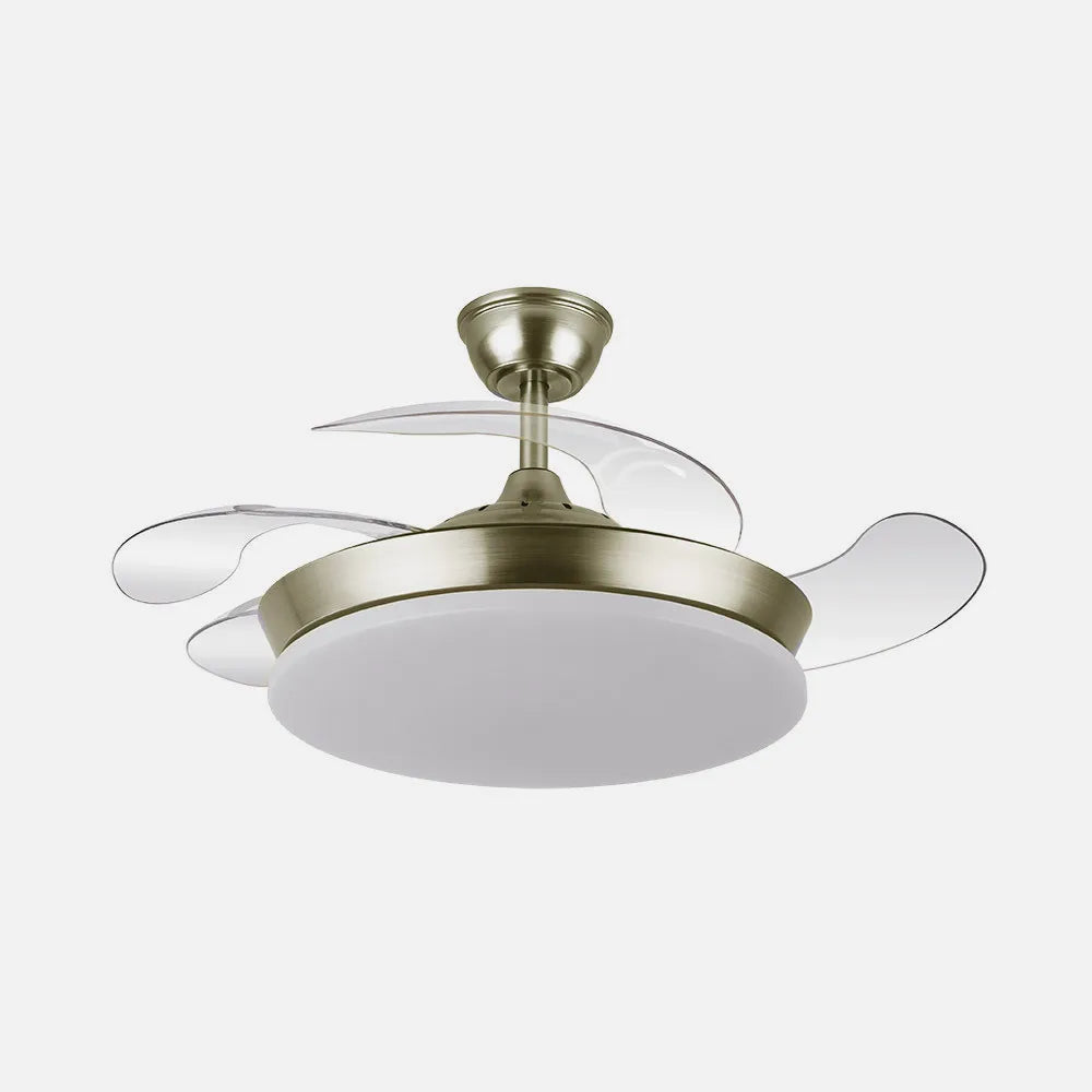 Ventilador de techo DC Tridente 91 cm con aspas retráctiles y luz LED de FABRILAMP en color cuero