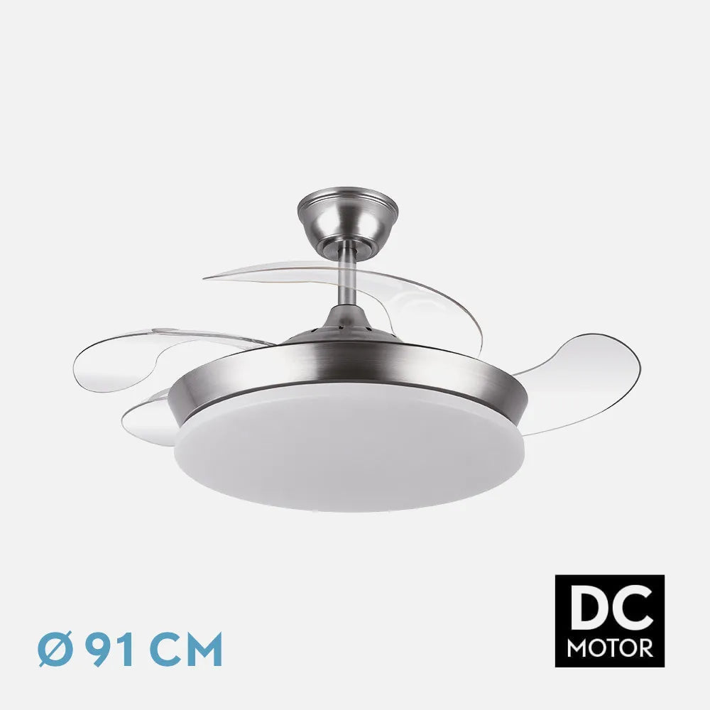 Ventilador de techo DC Tridente 91 cm con aspas retráctiles y luz LED de FABRILAMP en color níquel – vista de detalle