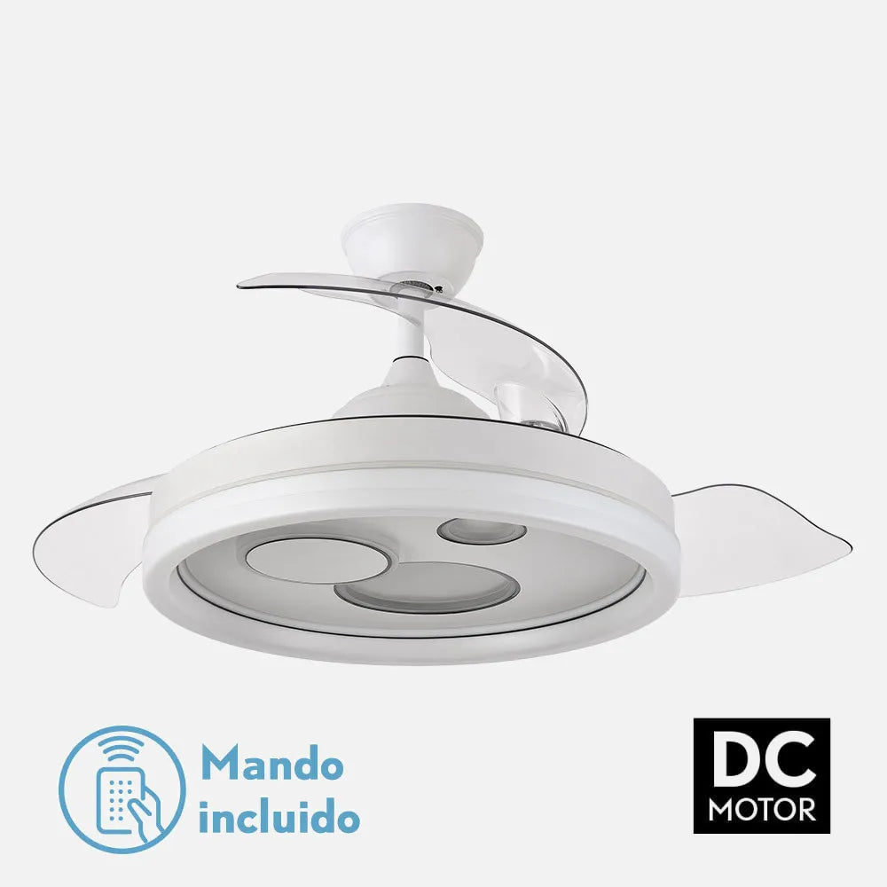 Ventilador de techo DC Turia 107 cm con aspas retráctiles y luz LED de FABRILAMP en color blanco – vista de detalle