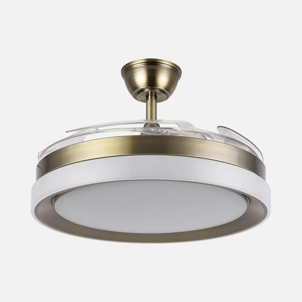 Ventilador de techo DC Zenit 107 cm con aspas retráctiles y luz LED de FABRILAMP en color cuero – vista de detalle