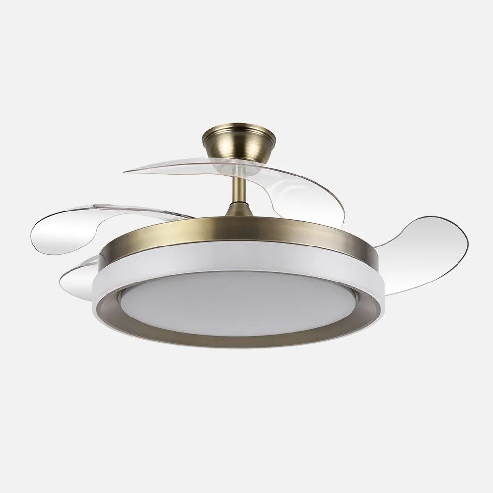 Ventilador de techo DC Zenit 107 cm con aspas retráctiles y luz LED de FABRILAMP en color cuero