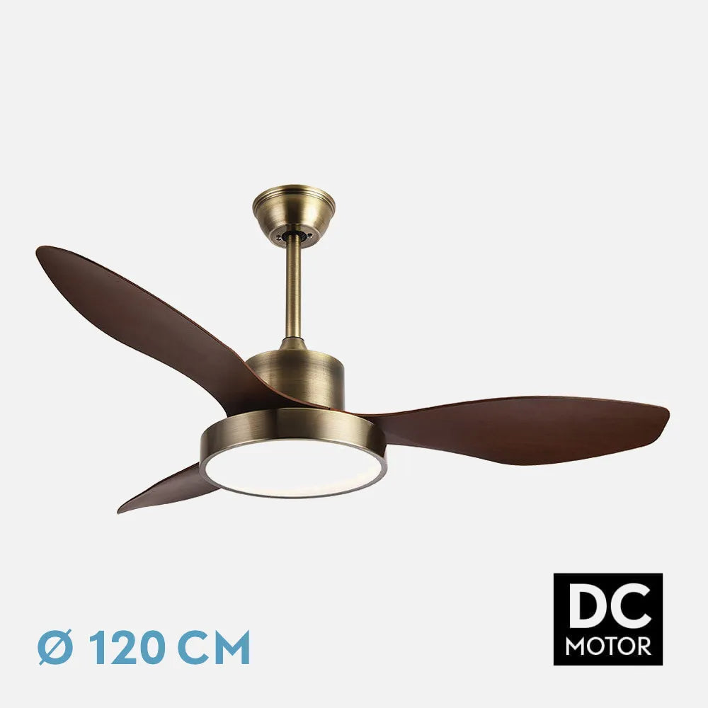 Ventilador de techo DC Hayate 120 cm con luz LED de FABRILAMP en color cuero/roble – vista de detalle